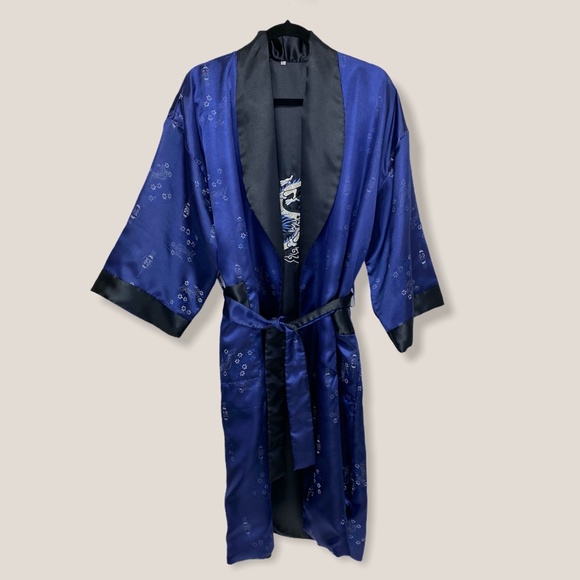 Vintage Reversible Satin Blue Kimono Robe